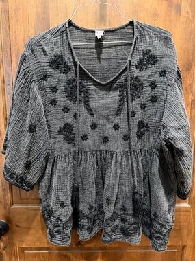 ivy jane Charcoal Black Embroidered Peasant Blouse